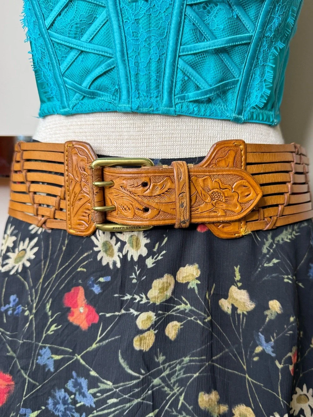 Ralph Lauren Americana Tooled Leather Wide Woven Leather Belt Sz Medium